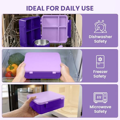 LOHASOK Bento Lunch Box Kids with 8oz Soup Thermo, Leak-Proof Lunch Containers with 4 Compartment, Thermo Hot Food Jar and Insulated Lunch Box for School Purple - color: Purple