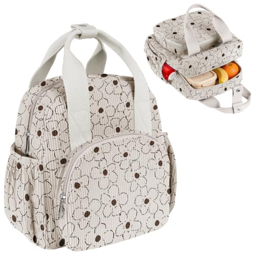 Insulated Corduroy Lunch Bag for Teen Girl Kid Women, Large Lunch Box, Reusable Portable Leakproof Lunchbox for School Travel Office Picnic (Linear flower) - color: White-4