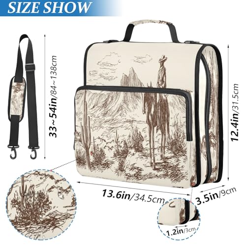 Western Desert Cowboy Zipper Binder for School with Shoulder Strap & Extra Pockets - 1.5 Inch 3-Ring Binder Holds 500+ Sheets, Textbooks, Laptop - color: Western Desert Cowboy
