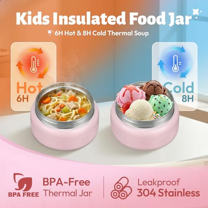 Itslife Bento Box for Kids Set, Insulated Food Container,Kids Lunch Box, 7 oz Thermos for Hot Food, 12 oz Thermos Water Bottle, Reusable Insulated Ice Bag & Fork Spoon Utensils Camping Travel Pink - color: Pink