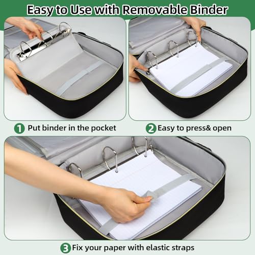 3 Inch D-Ring Zipper Binder Bag for 700 Sheet Capacity& 13 Inch Laptop Compartment, Detachable Zip Up Binder Case with 13 Expanding Pockets Accordion File Organizer for School Office (Black)