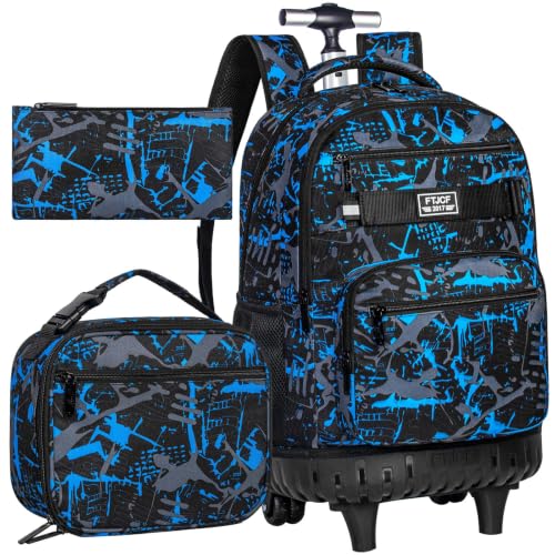 3Pcs Rolling Backpack for Boys, Men Roller Bag with Wheels for Adults, 19 Inche Graffiti Wheeled Bookbag with Lunch Box(Blue) - color: Graffiti Blue