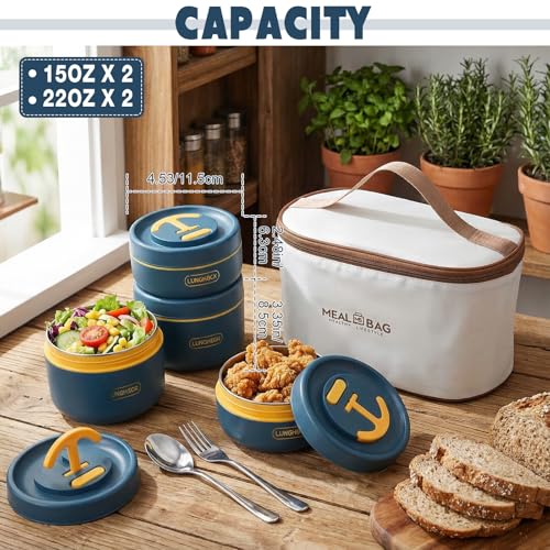 Dandat 4 Pcs Insulated Lunch Container, Portable Bento Box, Stainless Steel Lunch Box, Round Stackable Leakproof Thermal Food Container for Adult Men Women with Insulated Bag, 74 oz(Royal Blue) - color: Royal Blue