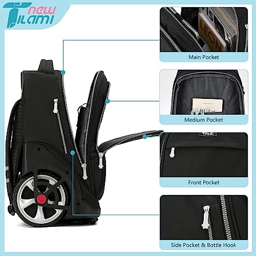 NEW TILAMI 19 inch Rolling Backpack Teens Rolling Backpack Cute Wheeled Laptop Backpack Bookbag Roller Travel Bag College, Black - color: Black