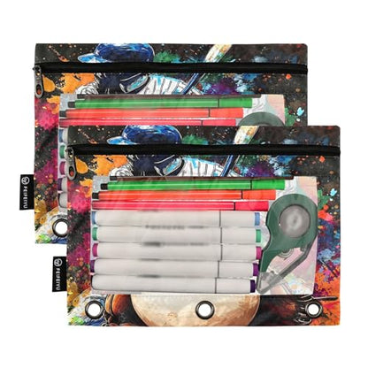 2 Pack Pencil Pouch for 3 Ring Binder Baseball Player Pencil Case Pouch with Clear Window Zipper Binder Pencil Pouches Pen Bag for Office School Supplies - color: Baseball Player