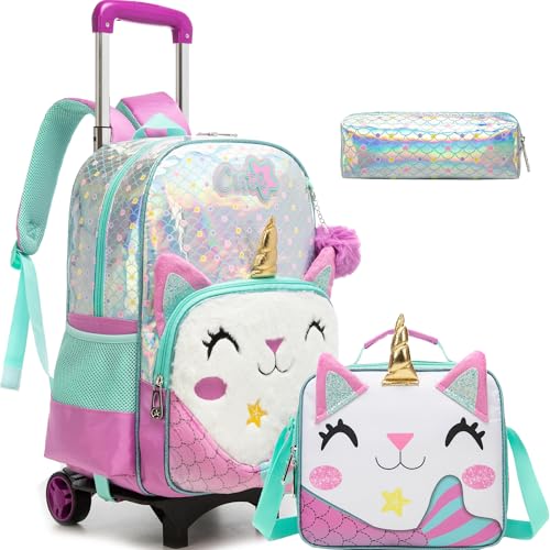 Meetbelify Girls Cute Backpack with Wheels for Elementary Students Kids Black Travel Luggage - color: Mermaid