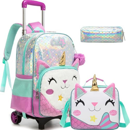 Meetbelify Girls Cute Backpack with Wheels for Elementary Students Kids Black Travel Luggage - color: Mermaid