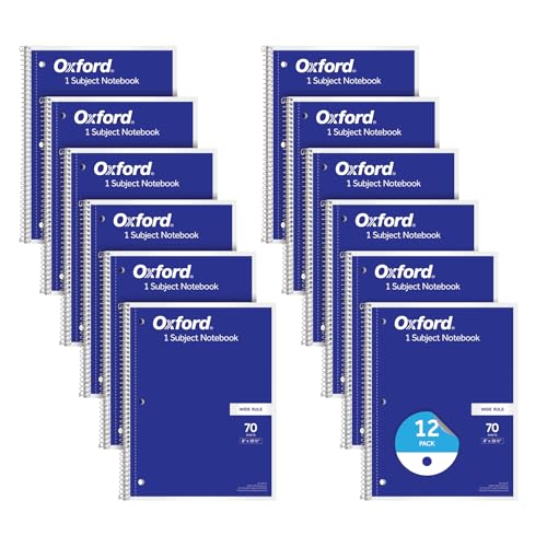 Oxford Spiral Notebook 12 Pack, Bulk College Ruled Spiral Notebooks for School, 1 Subject Journal For School, Wide Ruled Paper, 8 x 10-1/2 Inch, Blue Covers, 70 Perforated Lined Sheets (65218)