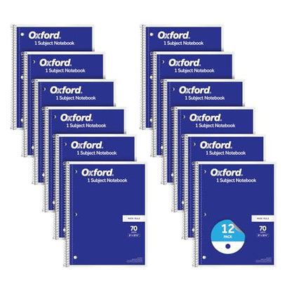Oxford Spiral Notebook 12 Pack, Bulk College Ruled Spiral Notebooks for School, 1 Subject Journal For School, Wide Ruled Paper, 8 x 10-1/2 Inch, Blue Covers, 70 Perforated Lined Sheets (65218)
