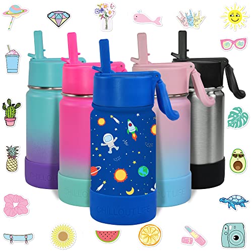 CHILLOUT LIFE 12oz Kids Insulated Stainless Steel Water Bottle with Leak Proof Straw Lid & 144 Stickers - color: Blue Space, style: 12 oz