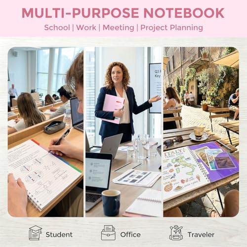 Subject Notebook Wide Ruled, 8.5x11inch Hardcover 5 Subject Lined Spiral Notebook with Dividers Tabs for School Women Journal Note Taking Office Supplies, 220 Pages, Pink - color: Pink