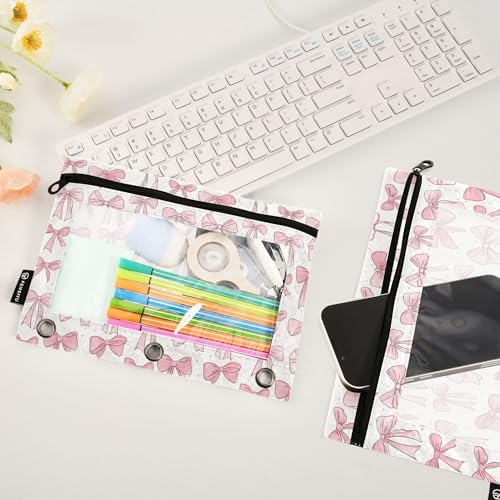 Wamika Cute Bowknot White Binder Pouches 3 Ring for Boys Girls School Office College Supplies Pink Ribbon Bow and Stars Pencil Pouches Case Bag with Clear Window and Zipper 2 pack - color: Bowknot