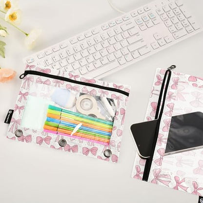 Wamika Cute Bowknot White Binder Pouches 3 Ring for Boys Girls School Office College Supplies Pink Ribbon Bow and Stars Pencil Pouches Case Bag with Clear Window and Zipper 2 pack - color: Bowknot