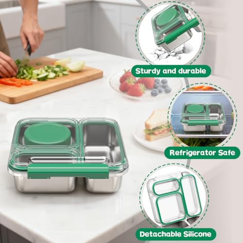 Pawtong Stainless Steel Bento Box Kids Adult with 7oz Insulated Food Jar, Transparent Lid Metal Lunch Box With Soup Thermal Jar, Lunch Box Container with Removable Divider & Sauce Cup School (Green) - color: Green