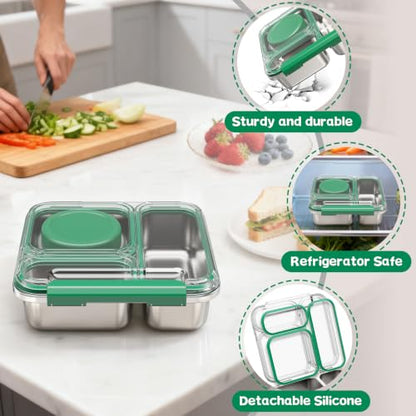 Pawtong Stainless Steel Bento Box Kids Adult with 7oz Insulated Food Jar, Transparent Lid Metal Lunch Box With Soup Thermal Jar, Lunch Box Container with Removable Divider & Sauce Cup School (Green) - color: Green