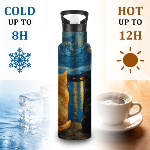 Cat Night Insulated Water Bottle,Starry Night Stainless Steel Water Bottles 20 oz with Straw Lid,Leak Resistant Double Wall Insulated Flask with Handle for Travel Outdoor Gym - color: Cat Night,Starry Night