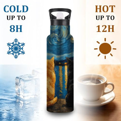 Cat Night Insulated Water Bottle,Starry Night Stainless Steel Water Bottles 20 oz with Straw Lid,Leak Resistant Double Wall Insulated Flask with Handle for Travel Outdoor Gym - color: Cat Night,Starry Night