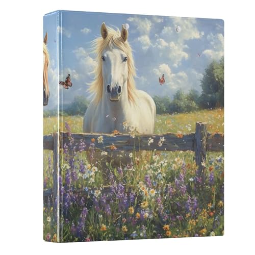 3 Ring Binder Horse Lavender White 1.5 inch Binders Three Ring Binders with Clipboard Fit 8.5'' x 11'' Paper 3 Interior PVC Clear Pockets for Office Supplies - color: Multi91, size: 1 Pack