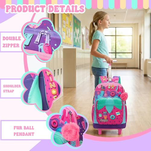 Rolling Backpack for Girls,Backpack with Wheels for Kids 8–12,Lightweight Wheeled School Backpack with Lunch Box,Cute Bookbag for Elementary and Middle School - color: Pink Ice Cream