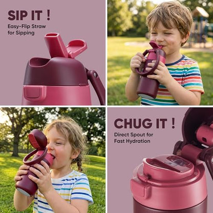 Fijinhom 12 oz Toddler Water Bottle with 2-in-1 Lid, 304 Stainless Steel Insulated Bottle, Kids Water Bottle for School Boys Girls, Leak-Proof Great for Sport, Travel & Gift, Red - color: Red