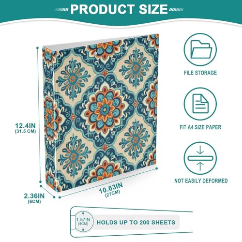 3 Ring Binder with Clipboard, D Rings Holds 200 Sheets, Heavy Duty Binders Folder for School Office, Waterproof PVC Cover with 3 Interior Clear Pockets, Moroccan Texture