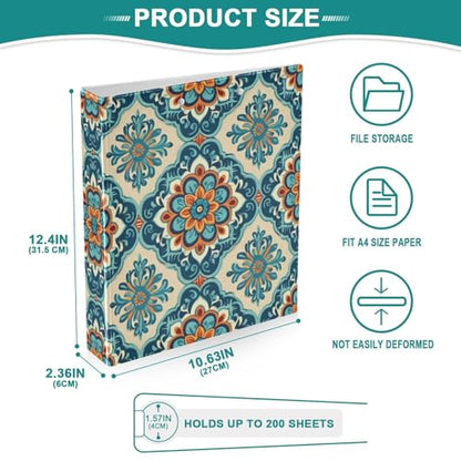 3 Ring Binder with Clipboard, D Rings Holds 200 Sheets, Heavy Duty Binders Folder for School Office, Waterproof PVC Cover with 3 Interior Clear Pockets, Moroccan Texture
