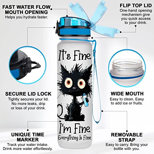 34HD Crazy Cat Water Bottle 32 oz with Time Marker, Funny Cat Lover Gifts for Women, It's Fine Everything Is Fine, Tritan Motivational Water Bottles - color: Everything Is Fine
