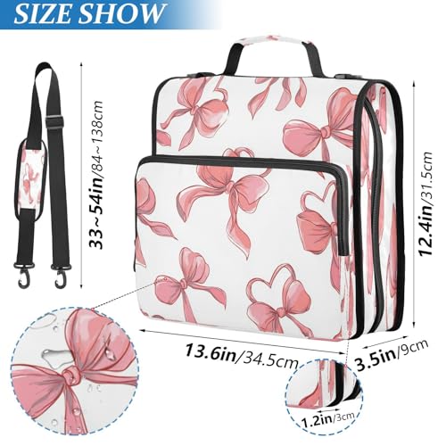Caikeny 3 Ring Zipper Binder Pink Bows Ribbons Flowers 1.5 inch Binders Bag Expanding File Pockets with Shoulder Strap and Handle - color: Multicolored 1z83.6