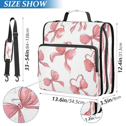 Caikeny 3 Ring Zipper Binder Pink Bows Ribbons Flowers 1.5 inch Binders Bag Expanding File Pockets with Shoulder Strap and Handle - color: Multicolored 1z83.6