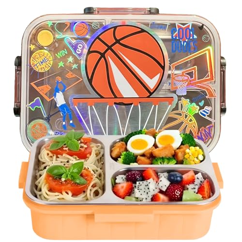 Stainless Steel Bento Lunch Box for Kids, 800ml/27oz BPA-Free Leak-Proof Food Containers with 3 Compartments, Freezer & Dishwasher Safe, Back to School Students Lunches Size for Ages 3-7 - color: B12. Basketball