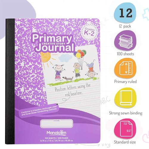 Primary Composition Notebook K-2, Primary Journal Grades K 2, Preschool, 1st Grade, Kindergarten Notebooks, Primary Ruled - 9.75″ x 7.50″ - Sturdy Covers - 100 Sheets - Assorted Colors - (12 Pack) - style: 12 Pack