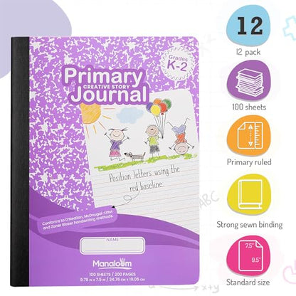 Primary Composition Notebook K-2, Primary Journal Grades K 2, Preschool, 1st Grade, Kindergarten Notebooks, Primary Ruled - 9.75″ x 7.50″ - Sturdy Covers - 100 Sheets - Assorted Colors - (12 Pack) - style: 12 Pack