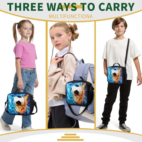 Soccer Lunch Box Blue Yellow Fire Lightning Football Kids Lunch Bag with Shoulder Strap for Boys Girls Durable Insulated Lunch Cooler Bag Thermal Meal Tote for School Picnic - color: A-Soccer