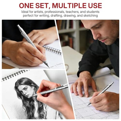 WUO 0.5mm Mechanical Pencil Set, 3 Silver Metal Drafting Pencils with 480 HB Lead Refills, Precision Eraser Pen, 4B Erasers & Case, Mechanical Pencils for Writing, Drawing, Sketching & School - color: Silver, size: 0.5
