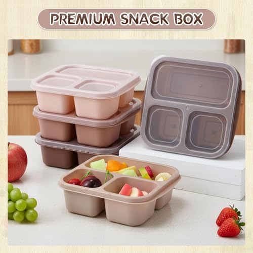 Honeydak 5 Pack Snack Containers 3 Compartment Bento Snack Boxes Divided Meal Prep Containers with Lids Reusable Adults Lunch Food Storage Box for School Work Travel(Cream Brown) - color: Cream Brown