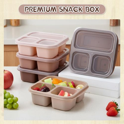 Honeydak 5 Pack Snack Containers 3 Compartment Bento Snack Boxes Divided Meal Prep Containers with Lids Reusable Adults Lunch Food Storage Box for School Work Travel(Cream Brown) - color: Cream Brown