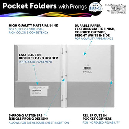 FILE-EZ Two-Pocket Folders with 3-Prong Fasteners, Gray Color, 25-Pack, Durable Textured Paper, Matte Finish, Letter Sheet Size (EZ-92530) - color: Gray