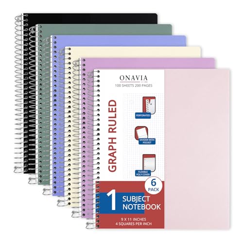 ONAVIA 1 Subject Graph Paper Spiral Notebook 6 Pack, 200 Pages, Assorted | 100 Sheets, 9 x 11 in, Waterproof Plastic Cover, Durable, 3-Hole Punched, Divider, Double-Sided Pocket - color: Assorted Colors