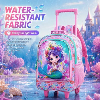 3Pcs Rolling Backpack for Girls, Kids Roller School Backpack with Wheels, Mermaid Wheeled Bookbag for Elementary Preschool Kindergarten(Pink) - color: Mermaid Pink