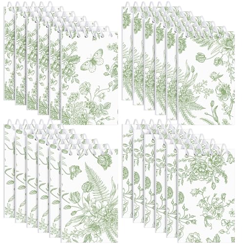 Engrowtic 24 Pcs Sage Green Floral Mini Notepads Chinoiserie Vintage Flower Small Spiral Pocket Notebooks Bulk for Bridal Wedding Baby Shower Birthday Tea Party Favor Gift Present Supplies - color: Green and White