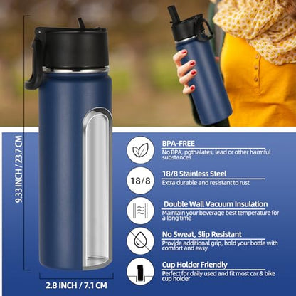 Volhoply 20oz Insulated Stainless Steel Water Bottle with Straw Lid, Kids Wide Mouth Double Wall Vacuum Cups with Handle,Reusable Outdoor Sports Metal Bottles,Travel Flask Keep Cold&Hot(Navy,1) - color: Nvay