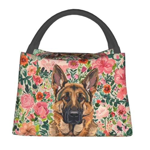 Cute German Shepherd with Floral Lunch Box for Women Girls Adults Insulated Pink Flowers and Dog Lunch Bag for Work Picnic Camping Travel Gifts Large Capacity Cooler Thermal Reusable Tote Makeup Bags - color: German Shepherd26