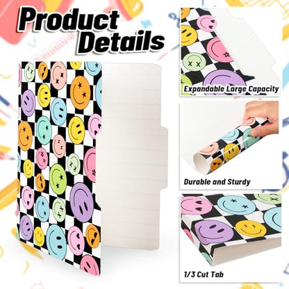 Whaline 24 Pack Boho Smile File Folders Letter Size Happy Face Checker File Pockets with 1/3 Cut Tab for Back to School Home Office Classroom Supplies, 8.9 x 11.6 Inch - style: Smile Face