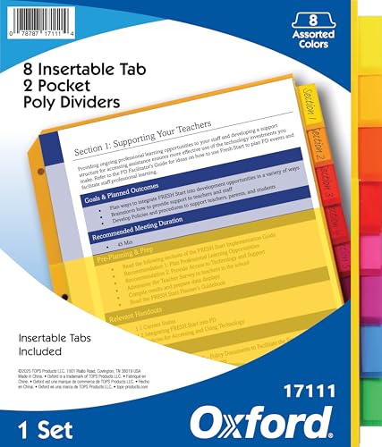Oxford Heavy-Duty 8-Tab Plastic Binder Dividers with Insertable Tabs & Pockets for Three Ring Binders - Essential Back to School Supplies and Organization Solution, 1 Set