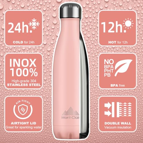 Mont-Clair Stainless Steel Water Bottle, Vacuum insulated - BPA Free, 12h Hot & 24h Cold Drinks, Metal Water Bottle 17 oz Leakproof, Ideal for Adult, Kids, Running - Mellow Rose - color: Mellow Rose, style: 17 Ounces