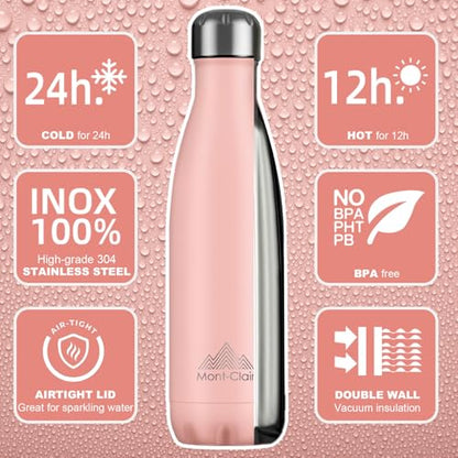 Mont-Clair Stainless Steel Water Bottle, Vacuum insulated - BPA Free, 12h Hot & 24h Cold Drinks, Metal Water Bottle 17 oz Leakproof, Ideal for Adult, Kids, Running - Mellow Rose - color: Mellow Rose, style: 17 Ounces