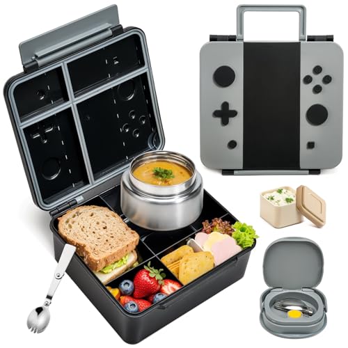 Game Bento Box for Kids, Lunch Box with Thermo(9oz Food Jar), Folding Spoon, Removable Divider & Sauce Cup, Lunch Box Kids for School,Travel, BPA-Free & Realistic Shape(Grey) - color: Gray