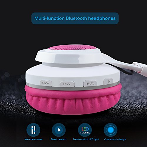 Riwbox WT-7S Bluetooth Headphones Light Up, Foldable Stero Wireless Headset with Microphone and Volume Control for PC/Tablet/TV/Travel (Pink) - color: Pink