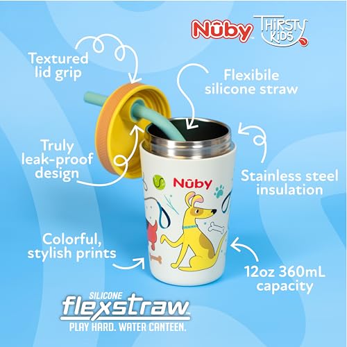 Nuby Thirsty Kids Insulated Toddler Cup with Silicone Flexstraw - 12 oz - Stainless Steel and Leak-Resistant - 18+ Months - Dogs - color: Dogs