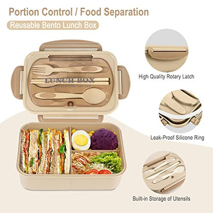 Bento Box for Adult, 1200 ML Lunch Containers, LeakProof Lunch Box with Utensils, BPA Free, 3 Compartment Bento Box Microwave Safe, Khaki - color: Khaki